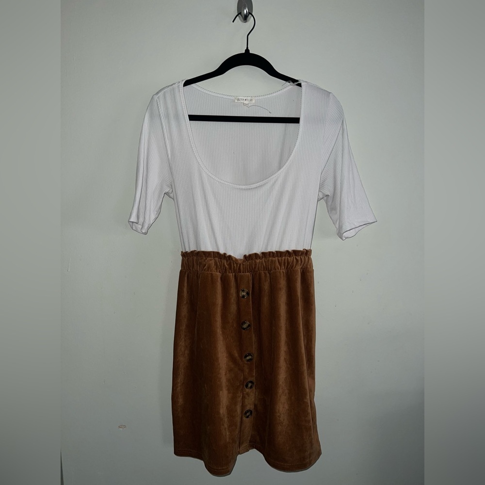 White and Brown Button-Down Dress